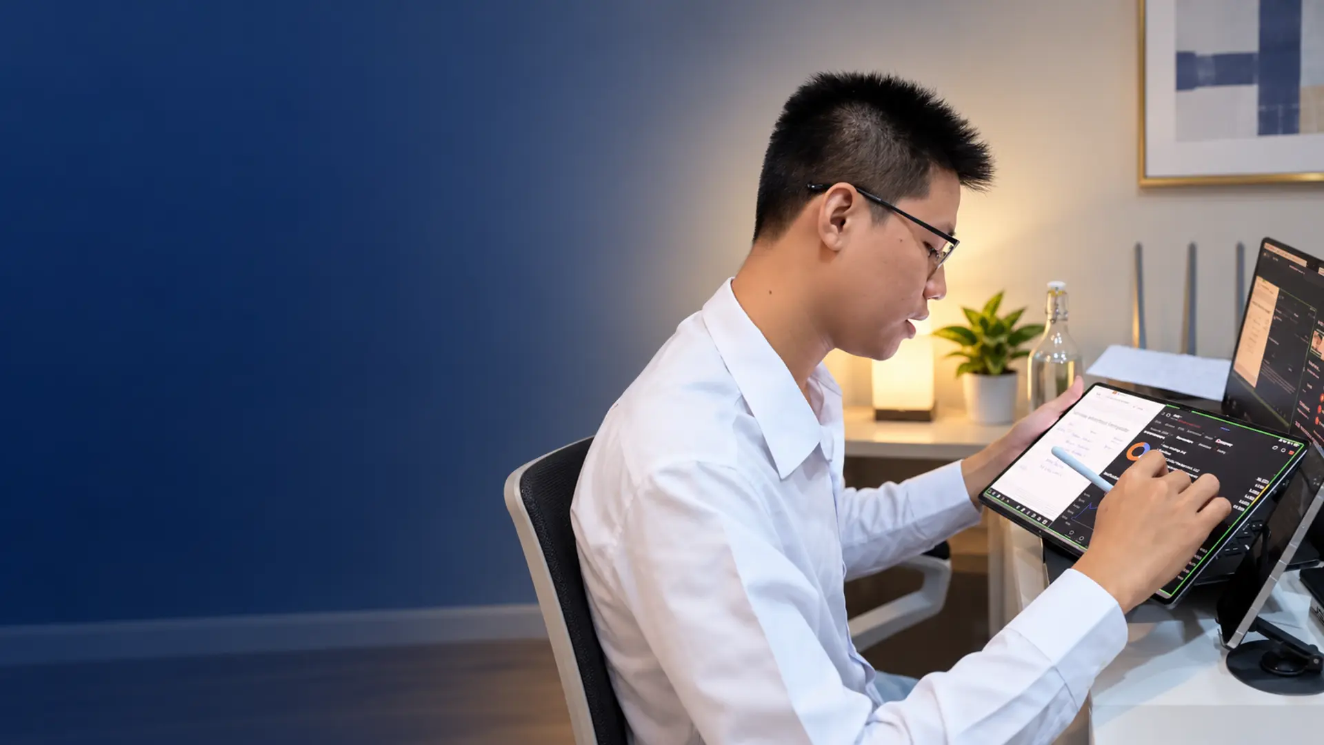 Mr. Chai analysing options charts on a tablet at his teaching desk